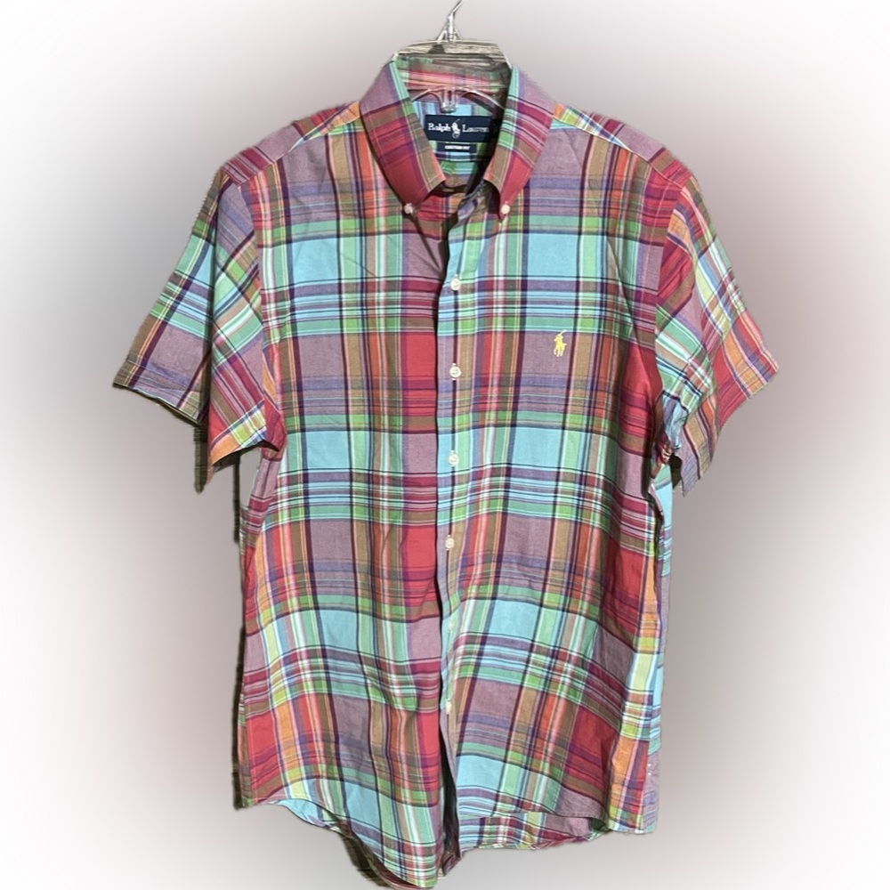 Ralph Lauren Mens Large Red Pin Blue Plaid Cotton Madras SS Shirt Custom Fit Med
